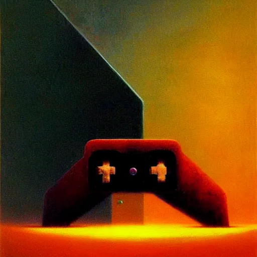 Prompt: video game console, painting by zdzisław beksinski