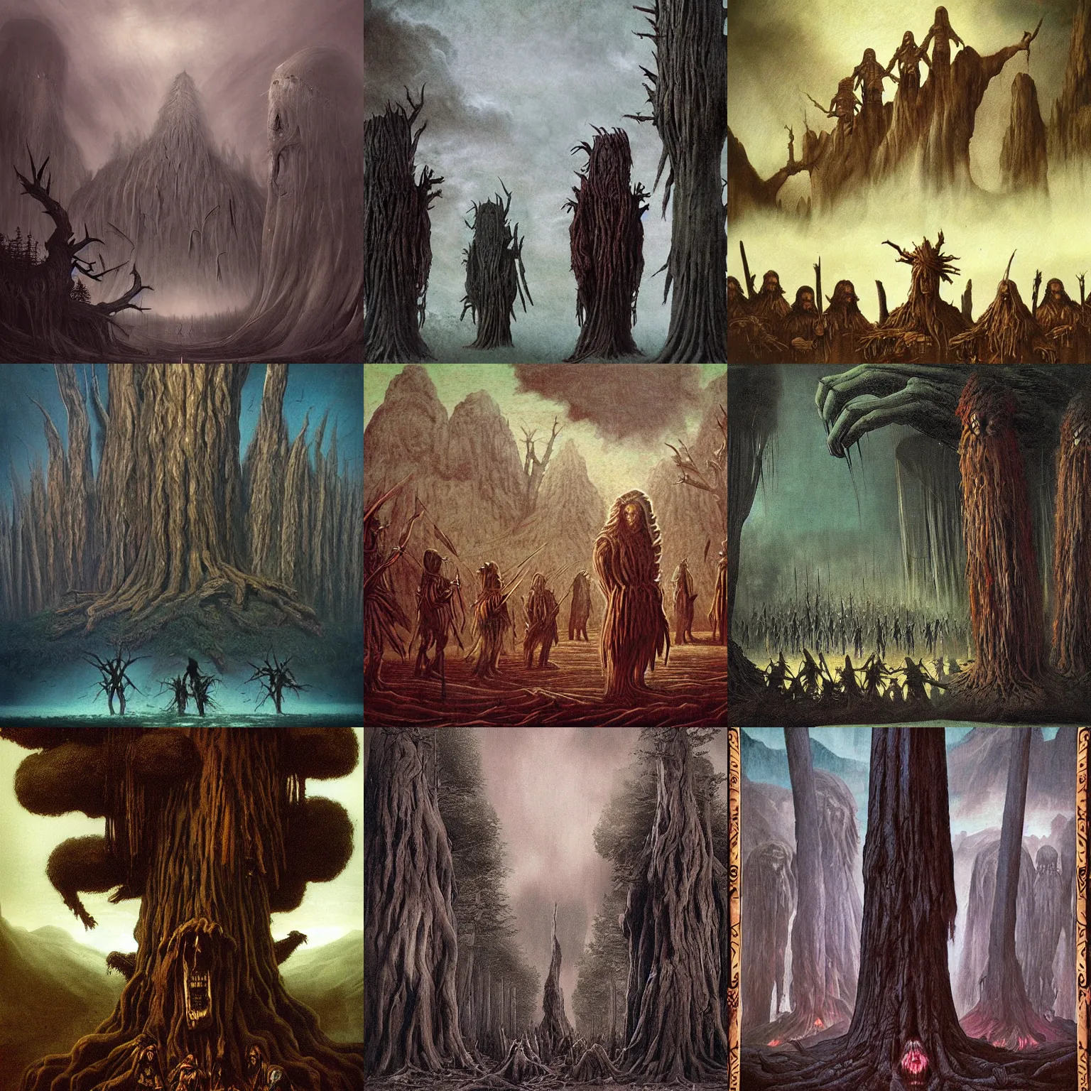 Prompt: an army of vengeful redwood tree monsters, evil, creepy, matte painting, dark fantasy, by frank franzzeta, leonardo da vinci, concetp art, vaporwave