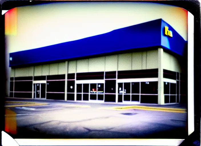 Prompt: polaroid photograph of an empty blockbuster store parking lot, liminal space, familiar place, mannequins, black mold, amateur, unreal engine, photorealistic, trending on artstation