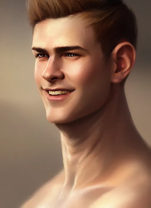 Image similar to a _ fantasy _ style _ portrait _ painting _ of white male short fringe light brown hair short head smiling clean shaven round face rpg dnd oil _ painting _ unreal _ 5 _ daz. _ rpg _ portrait _ extremely _ detailed _ artgerm _ greg _ rutkowski _ greg