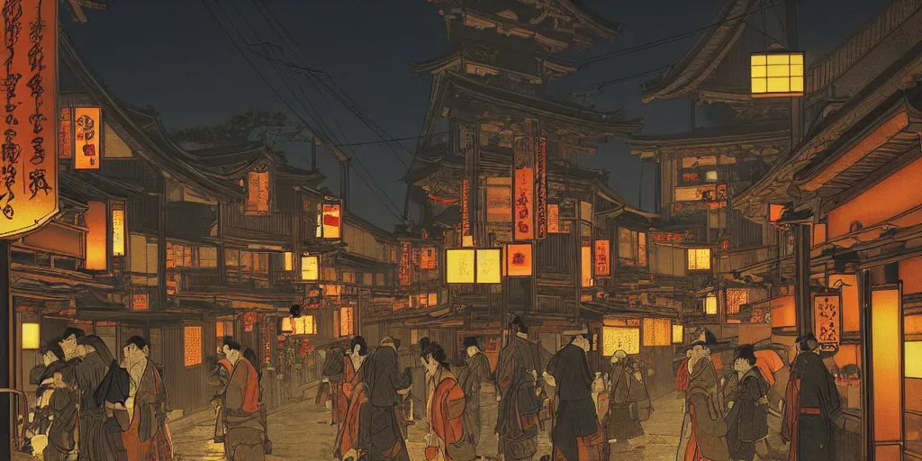 Prompt: feudal japan tokyo street at dusk, on a postcard!!!!, cinematic lighting!!, 4k, trending on artstation, quick illustration, fast sketch!!!, rough, art by albert bierstadt