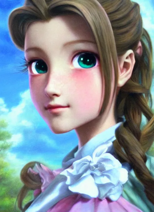 Image similar to elegant Aerith Gainsborough looks intently at you in wonder, dressed in school uniform. ultra detailed painting at 16K resolution and epic visuals. epically surreally beautiful image. amazing effect, image looks crazily crisp as far as it's visual fidelity goes, absolutely outstanding. vivid clarity. ultra. iridescent. mind-breaking. mega-beautiful pencil shadowing. beautiful face. Ultra High Definition. process twice.