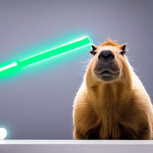 Prompt: A Realistic capybara posing with a glowing Jedi light saber in a well lit white room, 4k Photograph