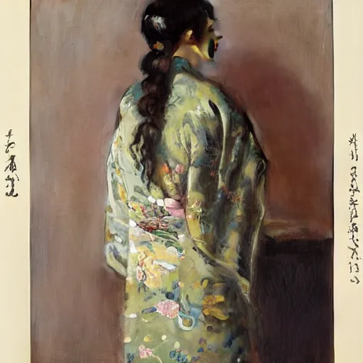 Image similar to girl with long wavy hair, in kimono with koi pattern, backview, sitting on edge of bed, by jeremy lipking, serge marshennikov, joseph todorovitch