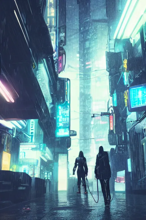 Prompt: a street level, low angle, photograph of a woman with robotic prosthetics in a clear, transparent raincoat, in a futuristic, blade runner city with heavy atmosphere. Volumetric light. Rainfall. Dystopic. Evening, neon lights. 8k. Filmic. Highly detailed. Octane render.