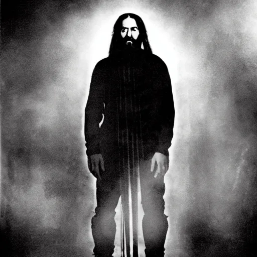 Image similar to studio photo of jesus in a black metal band, studio portrait