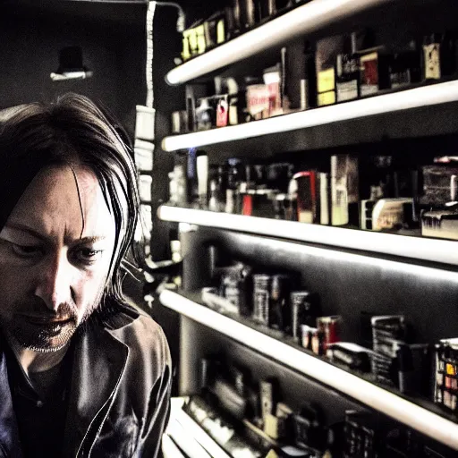 Prompt: close up photo, dramatic lighting, concentration, radiohead playing with big sentient futuristic electronica techno jukebox, sage smoke, apothecary shelves in the background, by yoji shinkawa neon