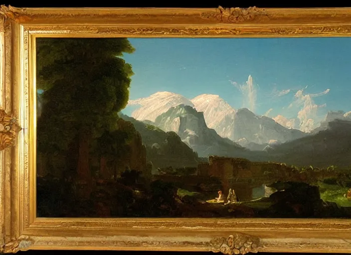 Prompt: painting of the louvre museum in front of beautiful mountains by thomas cole