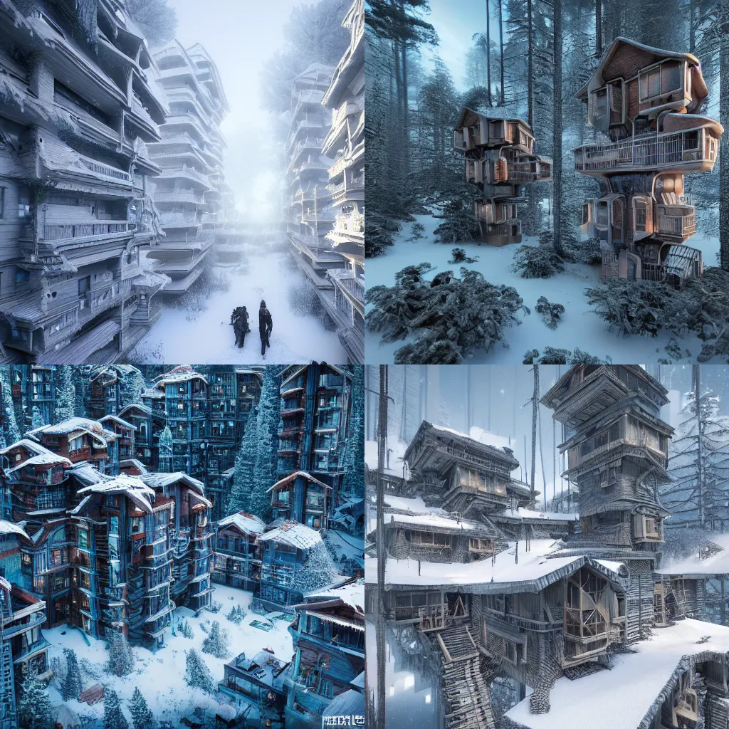 Prompt: houses on stilts, snowy forest, intense sci-fi details, hyper detailed, futuristic, arnold render, trending on artstation, 8k