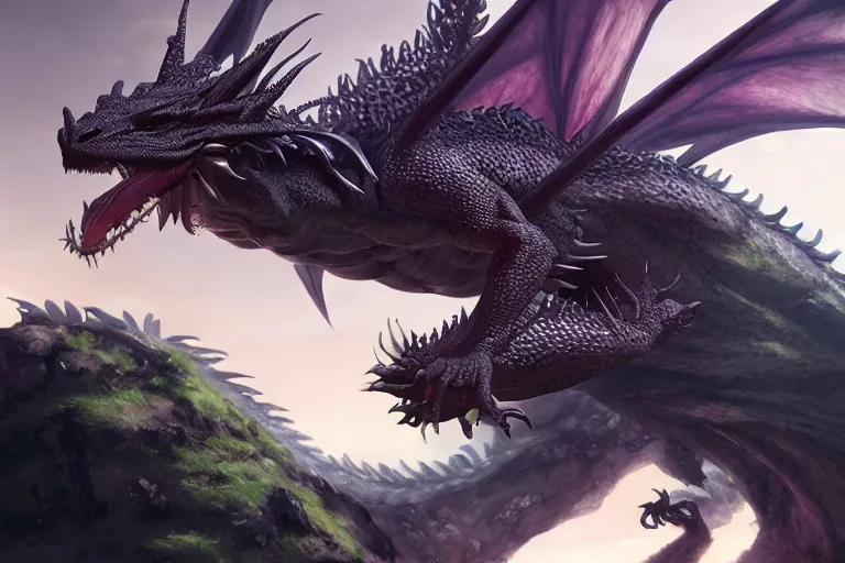 Image similar to shot of a majestic dragon, beautiful, fantasy, cinematic lighting, artstation, trending, highly detailed, focus, smooth, by hirohiko araki and yoshitaka amano