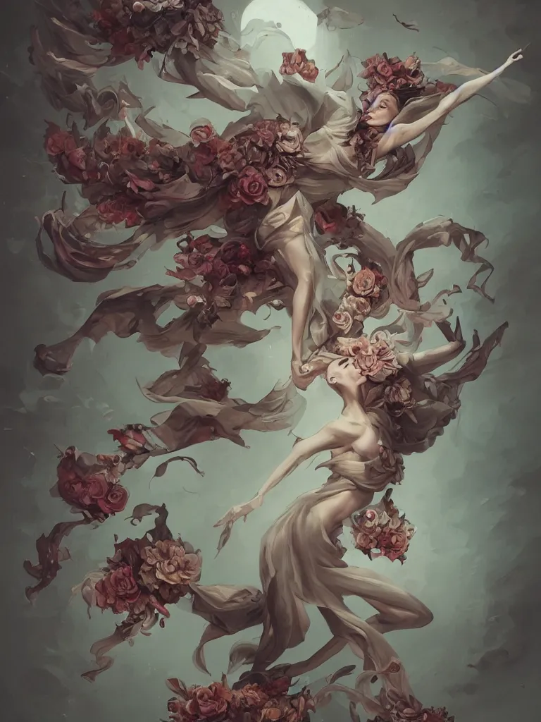 Image similar to a fashion portrait of a corpse covered in flowers flying in a dynamic pose, in the style of peter mohrbacher, highly detailed, soft lighting, art nouveau patterns, trending on artstation