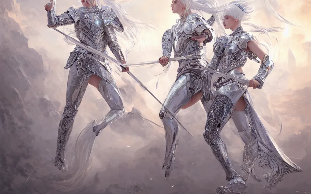 Prompt: white hair knights of zodiac girl, sliver ice color reflected armor, taekwondo fighting in ruined agora of athens sunset, ssci - fi and fantasy, intricate and very very beautiful and elegant, highly detailed, digital painting, artstation, concept art, smooth and sharp focus, illustration, art by tian zi and wlop and alphonse mucha