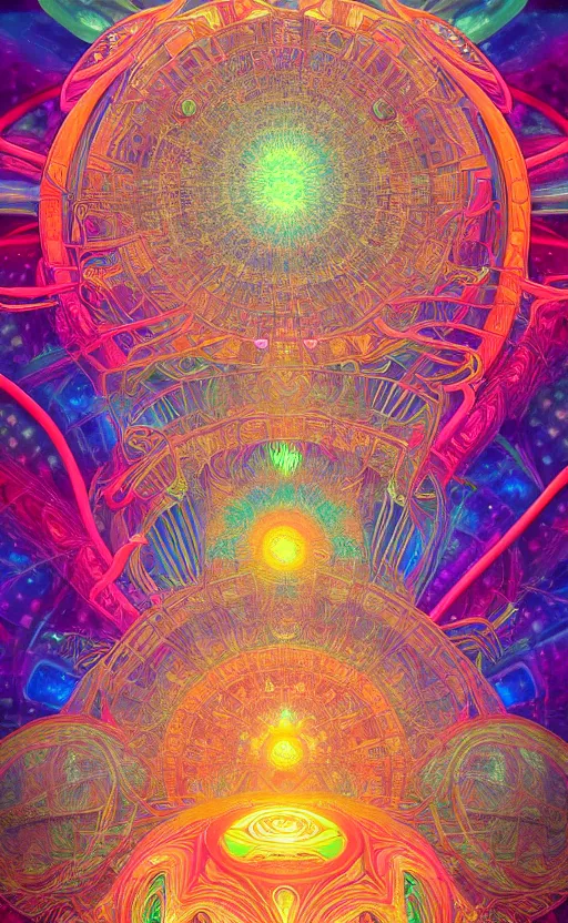 Image similar to visionary eye sacred geometry of a mandelbulb eco - system in a nebula of neon psychedelic colors with precise details, perfect symmetry, dmt 5 th dimension, vivid colors, neon colors, by alphonse mucha and gustave dore, unreal engine 8 k hdr psychedelic photorealism