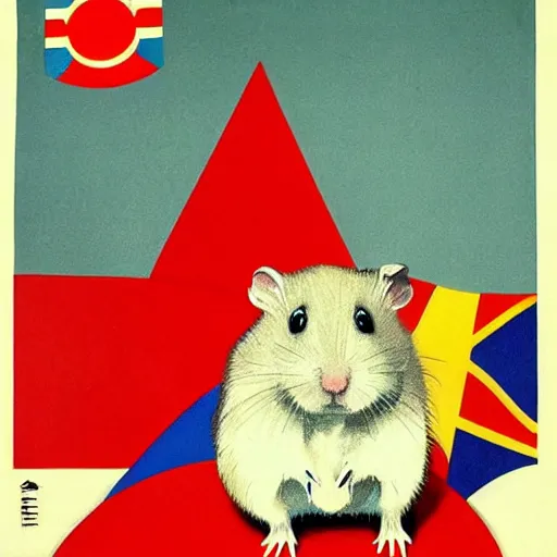 Image similar to yugoslav propaganda poster, a hamster, there is a yugoslav flag waving in the background.