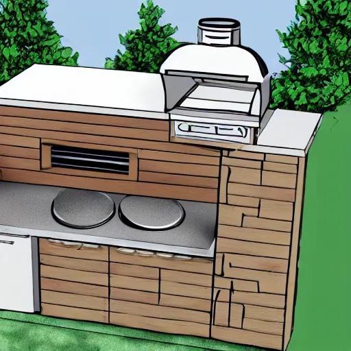 Prompt: new concept for small outdoor kitchen design with grill and pizza oven, designer pencil sketch, HD resolution