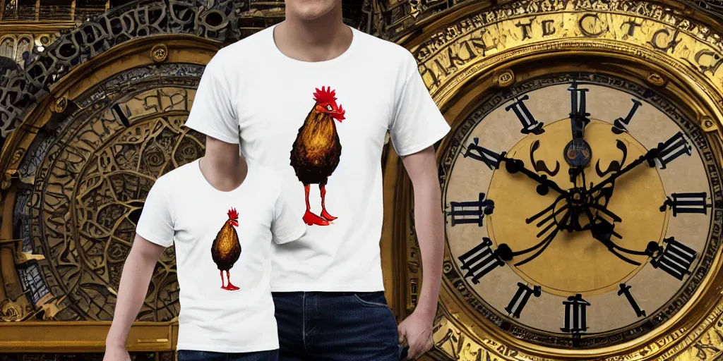 Prompt: a foghorn leghorn hyper chicken lawyer wearing a white t shirt representing a duck in court, steampunk, london, big ben, clock, dishonored, stylized, 8 k, uhd.