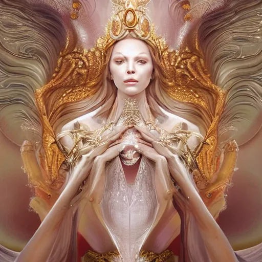Image similar to a beautiful woman wearing a white dress made of silk, and a crown made of golden ornaments and diamonds jewelry by alex gray and android jones, karol bak, ayami kojima, amano, concept art, character design, fantasy, 3 d, 8 k resolution