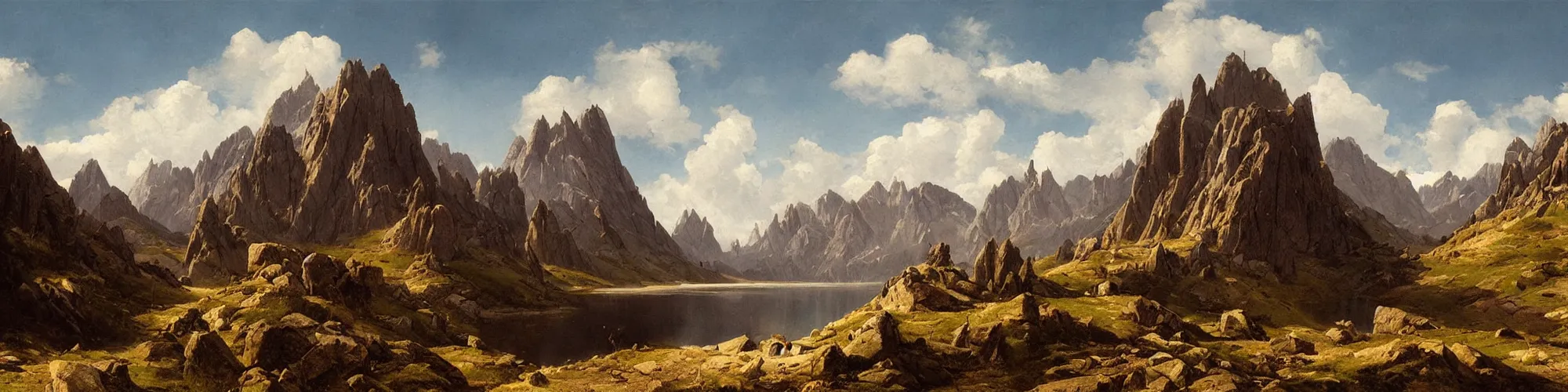 Image similar to rocky mountain range, painting by raphael lacoste