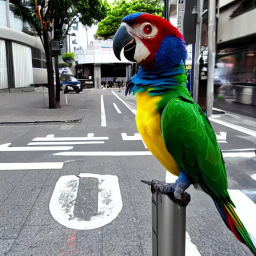 Prompt: a human sized parrot standing on a street in ota city, tokyo