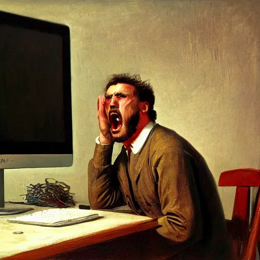 Image similar to an angry man yells at his computer monitor, oil on canvas, 1 8 8 3, highly detailed, high resolution