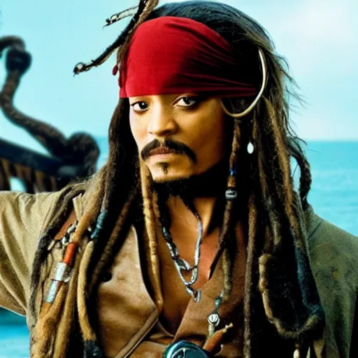 Image similar to Will Smith as captain jack sparrow, movie still from pirates of the carribean