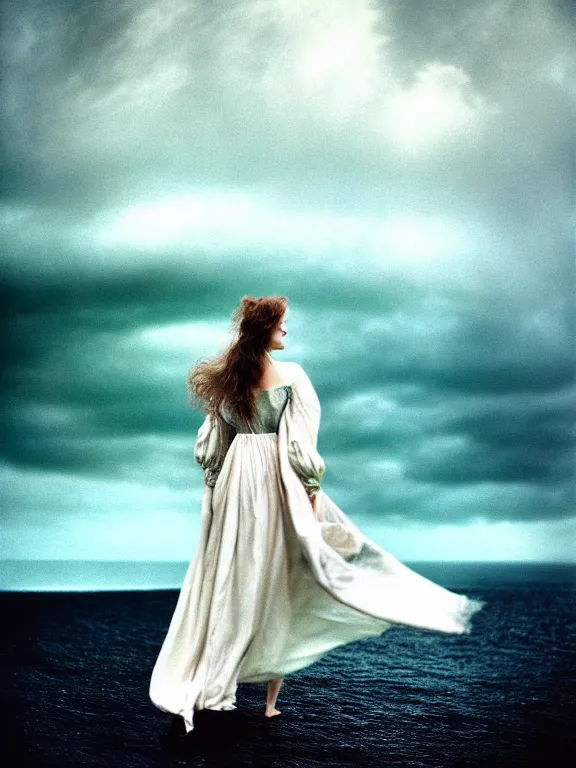 Image similar to cinestill 5 0 d photography of a woman britt marling 3 / 4 style of paolo roversi, dress in voile, hair like dark clouds floating on air, mute dramatic colours, soft blur outdoor stormy sea background, volumetric lighting, hyperdetailed, hyperrealistic