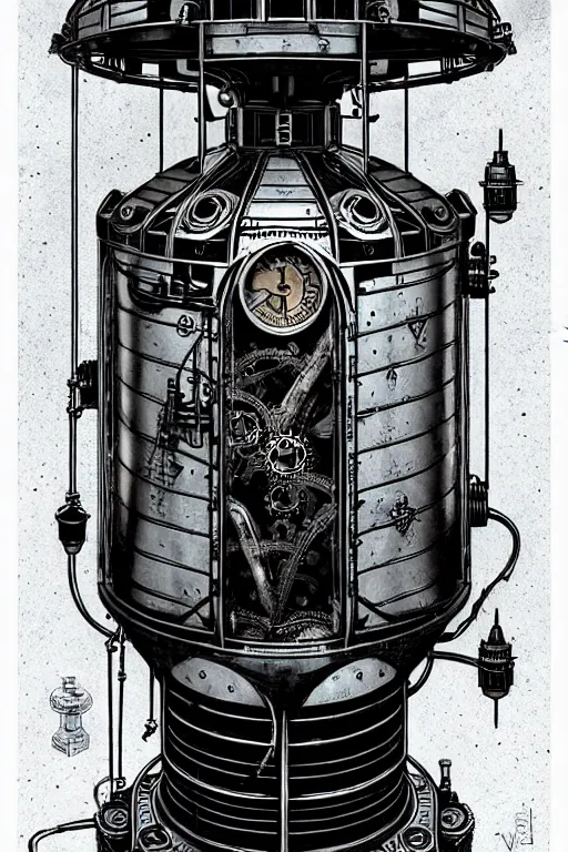 Image similar to steampunk cryo chamber containing an grey aien, high details, intricately detailed, by vincent di fate, inking, 3 color screen print, masterpiece, trending on artstation,, sharp, details, hyper - detailed, hd, 4 k, 8 k