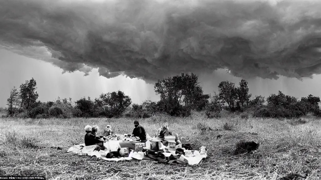 Prompt: a vision of climate change catastrophe, dark storm clouds, lightning striking, hail, hurricane winds, floods, as seen by a couple having picnic with dying nature around them, moody, dark and eerie large-format photography