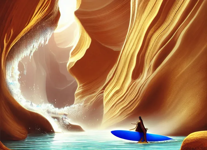 Prompt: a beautiful digital painting of a Samrurai in a white and royal blue luxurious battle suit surfing a tsunami at Antelope Canyon on a chic surfboard at Pamukkale, thermal waters flowing down gold travertine terraces by greg rutkowski, award winning photo, trending on artstation, highly detailed, unreal engine, octane render