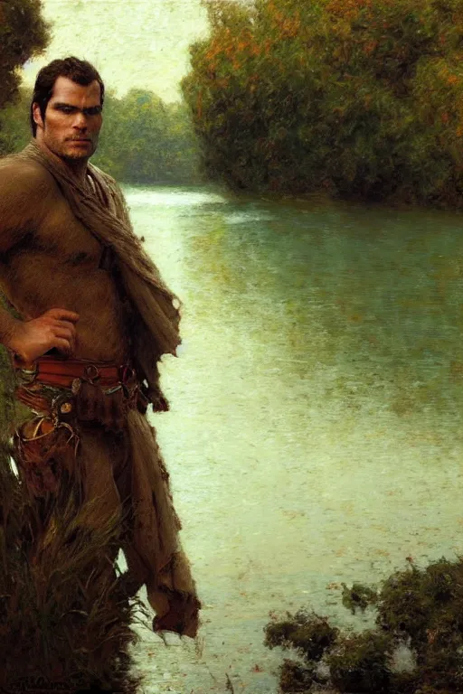 Image similar to henry cavill by river, painting by gaston bussiere, craig mullins