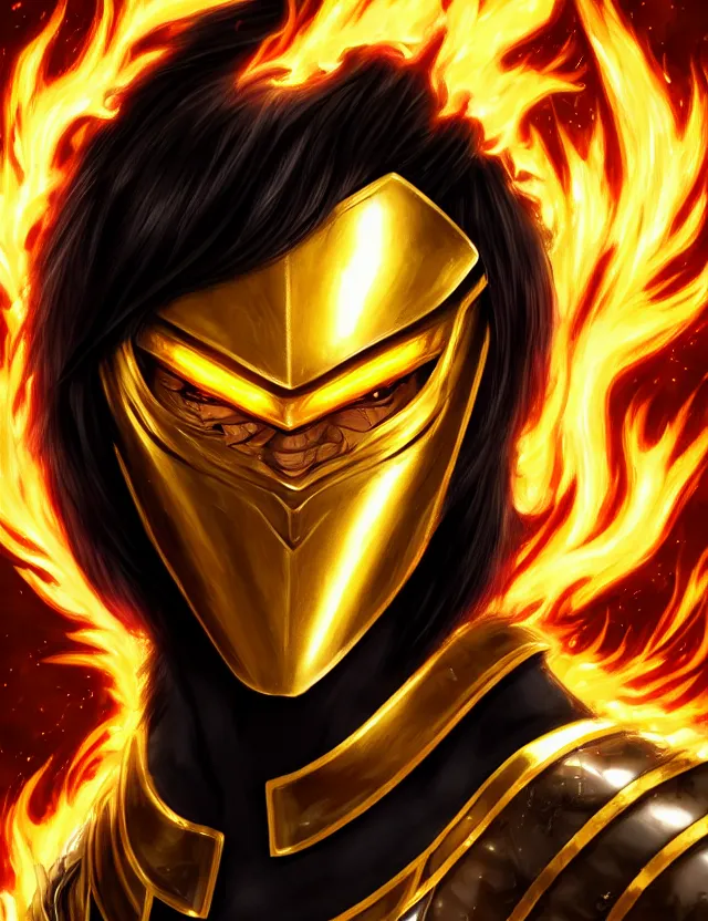 Image similar to a detailed manga portrait of a black haired man with hazel eyes in gleaming golden armour that burns with golden fire, trending on artstation, digital art, 4 k resolution, detailed, high quality, sharp focus, hq artwork, coherent, insane detail, character portrait