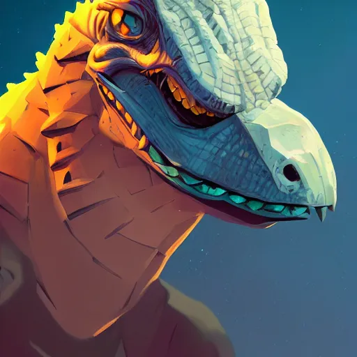 Image similar to portrait of an antropomorphic raptor creature, reptile face, dark blue scales, angry look, ready for battle, mattepainting concept blizzard pixar maya engine on cold night stylized background splash comics global illumination lighting artstation lois van baarle, ilya kuvshinov, rossdraws