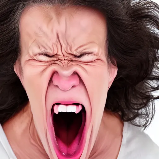 Image similar to caricature of extremely angry mascular wrinkled screaming woman 8k ultra detailed