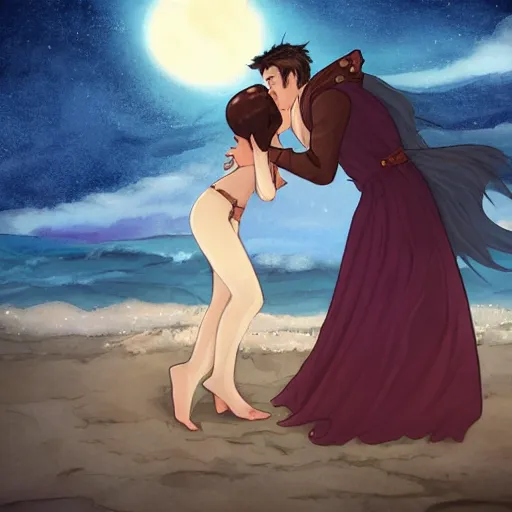 Image similar to seifer almasy kissing rinoa heartilly under the moonlight, with the night sea in the background.