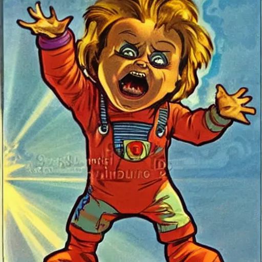 Image similar to a cute little chucky doll screaming. he is dressed as an astronaut. well composed, clean elegant painting, beautiful detailed face. comic book art by steve ditko and jack kirby and ( alphonse mucha )