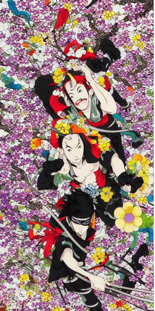 Prompt: ancient japanese ninja, ninja garbs, ninja artwork, wearing wild flowers, illustrated by horohiko araki, by takashi murakami, by miho hirano, jojos bizzare adventure artwork, anime cover art, dramatic poses, jojo poses, horohiko araki illustration