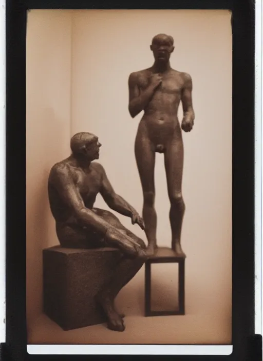 Image similar to an android with an adult male human looking face is the thinker by auguste rodin, polaroid, flash photography, photo taken in a back storage room where you can see empty shelves in the background,