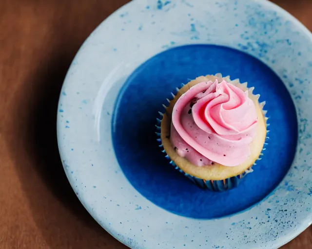 Prompt: dslr food photograph of a cupcake with blue frosting and a shrimp on top, close up, 5 0 mm f 1. 4