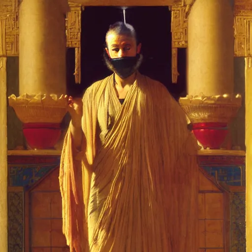 Image similar to orientalist portrait of a sage wearing a golden mask casting a glowing lightning magic spell in a sandstone temple intricate portrait by john william waterhouse and Edwin Longsden Long and Theodore Ralli and William-Adolphe Bouguereau, very coherent symmetrical artwork. Cinematic, hyper realism, high detail 8k