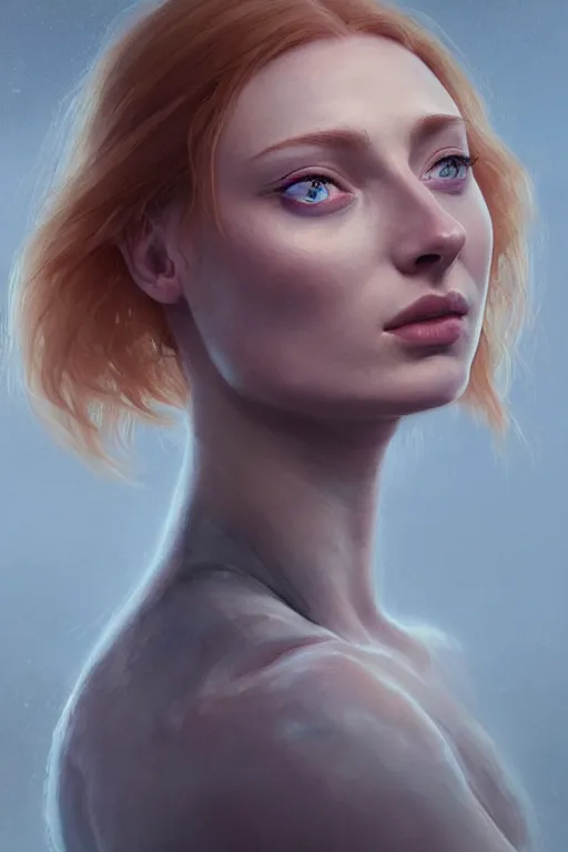 Image similar to Sophie Turner looking behind her, anatomy, only two hands, highly detailed, digital painting, artstation, concept art, smooth, sharp focus, illustration, Unreal Engine 5, 8K, art by art by artgerm and greg rutkowski and edgar maxence