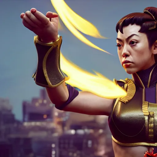 Image similar to aubrey plaza as chun li street fighter, ultra realistic, concept art, intricate details, highly detailed, photorealistic, octane render, 8 k, unreal engine, art by frank frazetta, simon bisley, brom