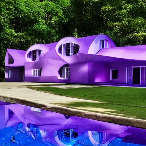 Image similar to a house made of translucent purple colored water in high quality with a porsche 9 1 1