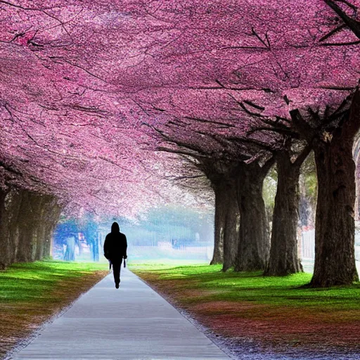 Image similar to a man walks through cherry blossom trees, digital art
