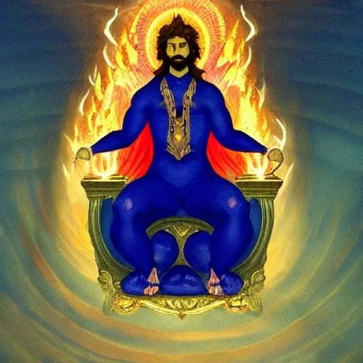 Image similar to what looked like a throne of lapis lazuli, and high above on the throne was a figure like that of a man. waist up, he looks like glowing metal, as if full of fire, and that from there down he looked like fire ; and brilliant light surrounded him. like the appearance of a rainbow in the clouds on a rainy day.