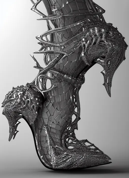 Image similar to beautiful ultra detailed photo of a dragon high heel made out of chrome metal material, artstation