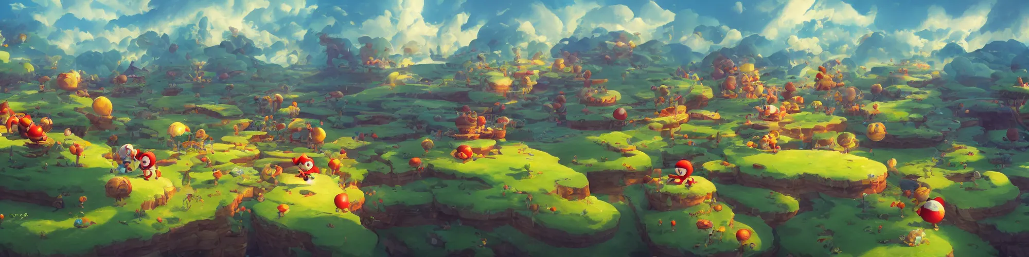 Image similar to 3 6 0 panoramic dynamics matte painting acrylic blur oil wonderland marioworld yoshi kurbi dofus, hight contrast, overlay layer photoshop, behance hd by jesper ejsing, by rhads, makoto shinkai and lois van baarle, ilya kuvshinov, rossdraws global illumination