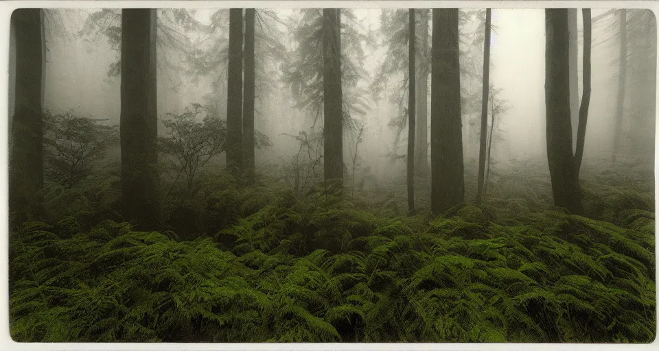 Image similar to deep inside the forest, fog, mist, moss, ferns, by ansel adams, polaroid