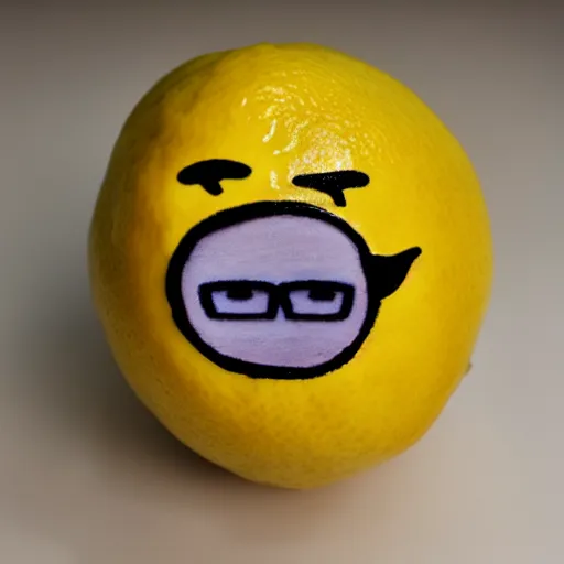 Prompt: a lemon with a face of john lennon on it