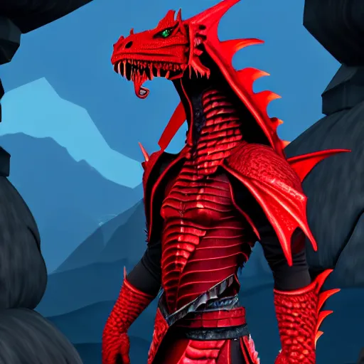 Image similar to a dragonborn with red scales and futuristic clothes