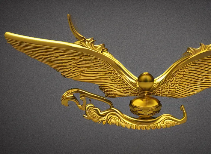 Image similar to a 3 d model of a golden fighter jet with swan wings with ornate rococo patterns